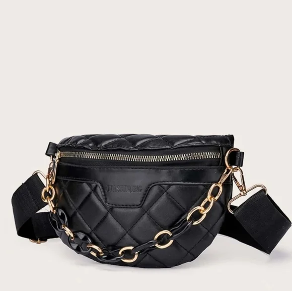 Black Quilted Chain Waist Bag - Picture 1 of 4